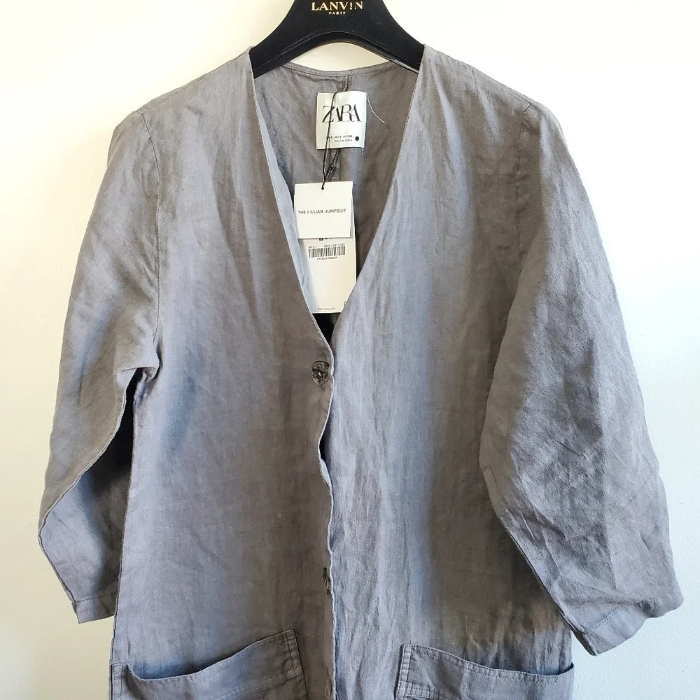 Zara 100% Linen Front Pocket Grey Boiler Jumpsuit  Onesie NWT Size Small